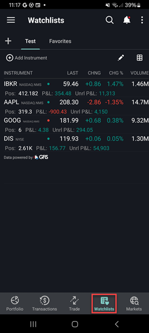 The watchlist on Android Phone